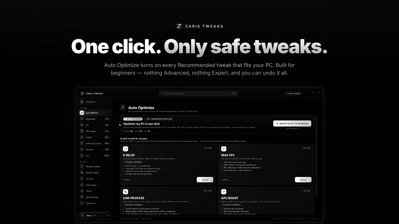 Auto Optimize: one click turns on only safe, Recommended tweaks