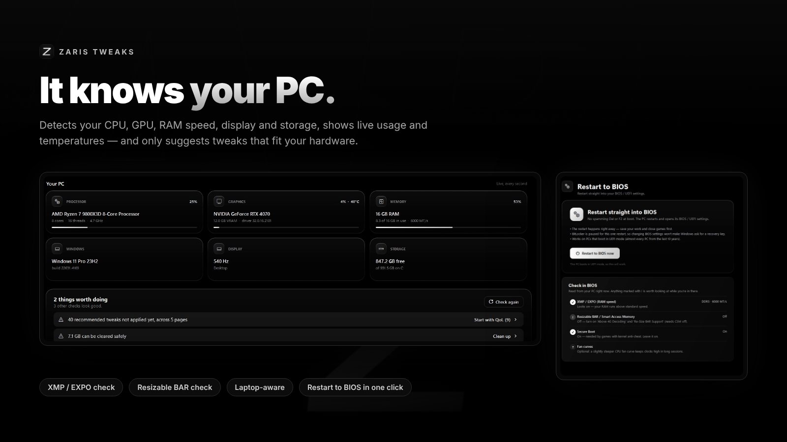 Dashboard with detected PC specs and the Restart to BIOS check list